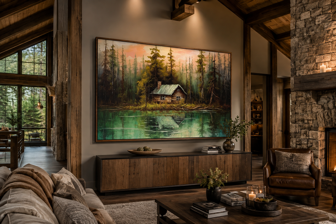 Rustic framed canvas wall art of a cabin by a lake, hanging above a wooden sideboard in a cabin.