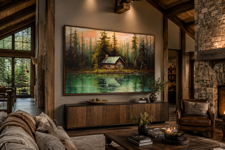 Rustic framed canvas wall art of a cabin by a lake, hanging above a wooden sideboard in a cabin.