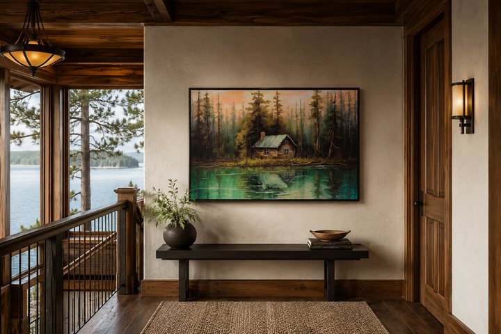Rustic framed canvas wall art of a cabin by a lake, displayed above a bench in a wooden interior.