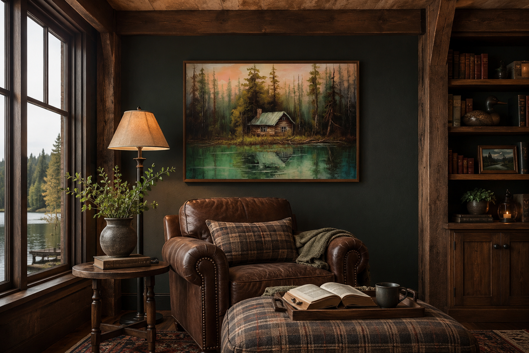 Rustic framed canvas wall art of a cabin by a lake, hanging in a cozy, wood-paneled room.