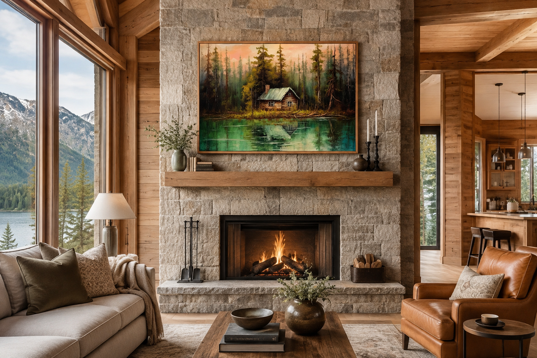 Rustic lake and cabin framed canvas wall art hanging above a stone fireplace in a cozy living room.
