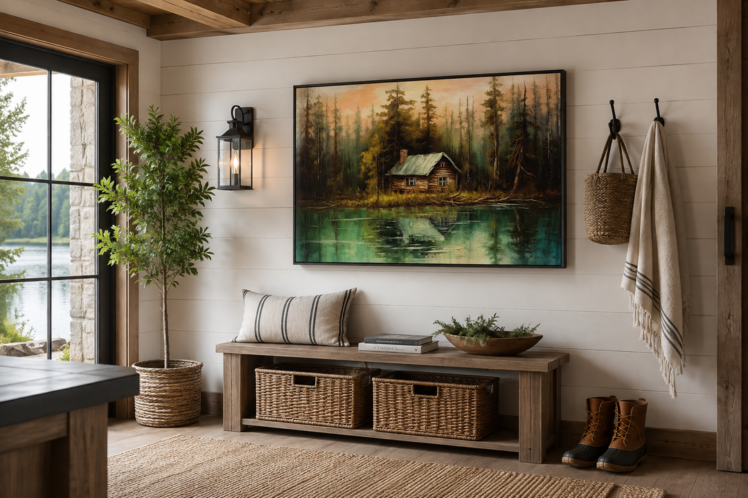 Rustic framed canvas wall art of a cabin by a lake, hanging in a cozy entryway with a wooden bench.