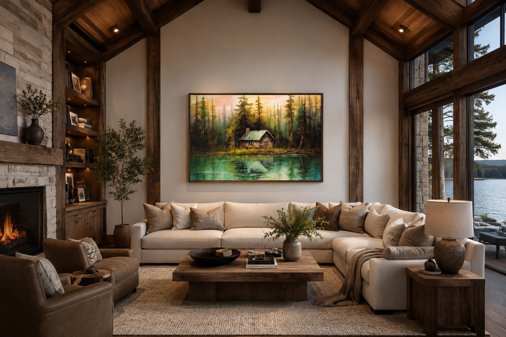 Rustic lake and cabin framed canvas wall art hanging above a sofa in a cozy living room.