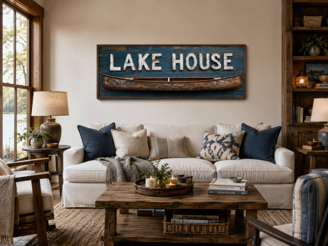 Long horizontal framed canvas wall art featuring a rustic Lake House sign with a wooden canoe.