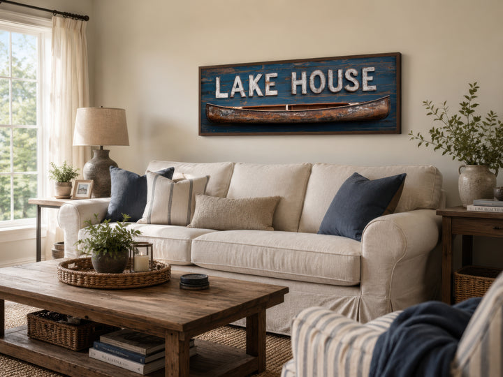 Long horizontal framed canvas wall art featuring a rustic Lake House sign with a wooden canoe.