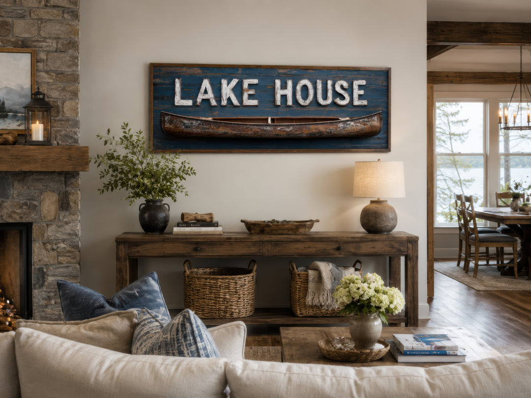 Long horizontal framed canvas wall art featuring a rustic Lake House sign with a wooden canoe.