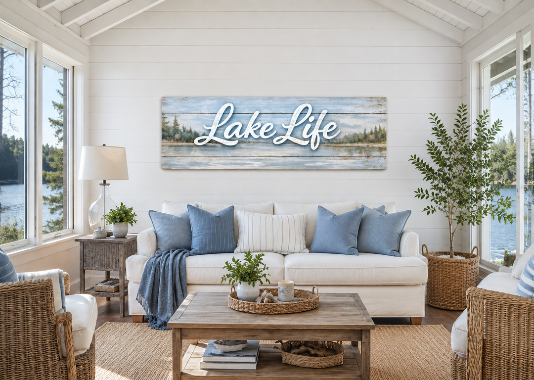 Large panoramic Lake Life canvas wall art above a white sofa in a rustic lake house living room.