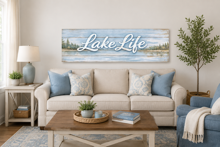 Large panoramic Lake Life canvas wall art above a beige sofa in a rustic lake house living room.
