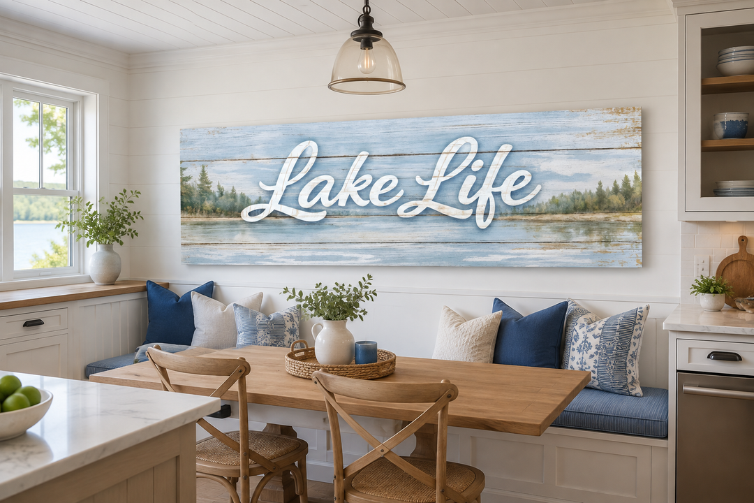 Large panoramic Lake Life sign wall art in a rustic dining area with blue and white decor.