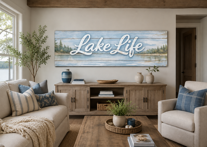 Large horizontal panoramic canvas art with "Lake Life" script over a serene blue lake landscape.