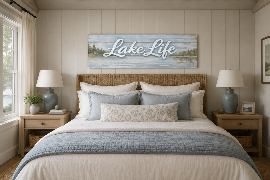 Large horizontal Lake Life sign wall art on a panoramic canvas above a bed in a rustic cabin room.