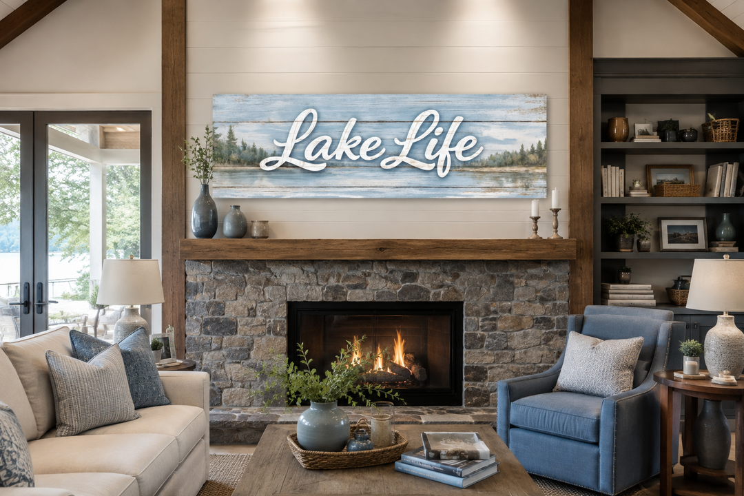 Large panoramic Lake Life sign wall art on a rustic canvas above a stone fireplace in a lake house.