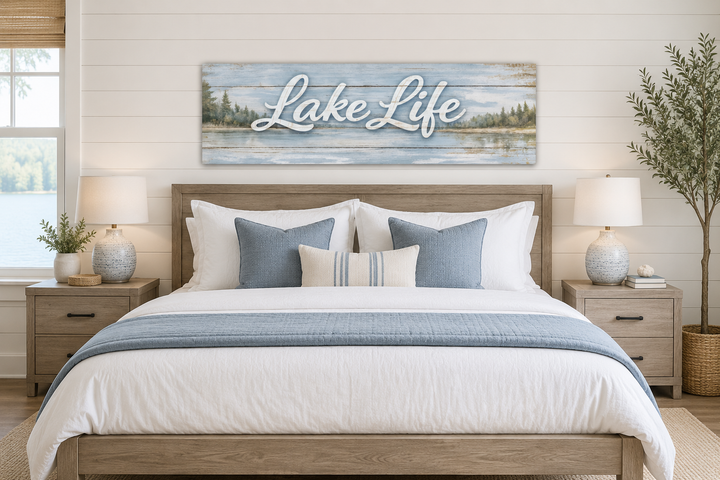 Lake Life panoramic canvas wall art above a bed in a rustic bedroom with blue and white accents.