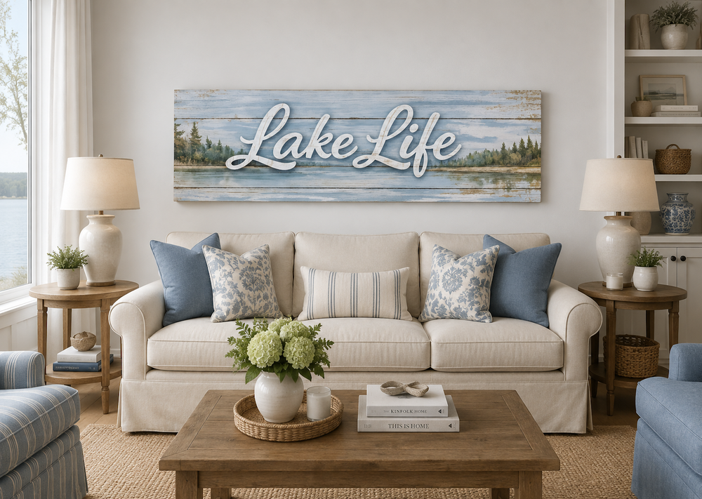Large horizontal panoramic Lake Life canvas wall art above a cream sofa in a rustic lake house.