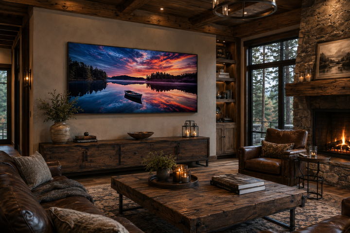 Framed canvas print of a serene lake sunset with a boat, mounted in a rustic living room.