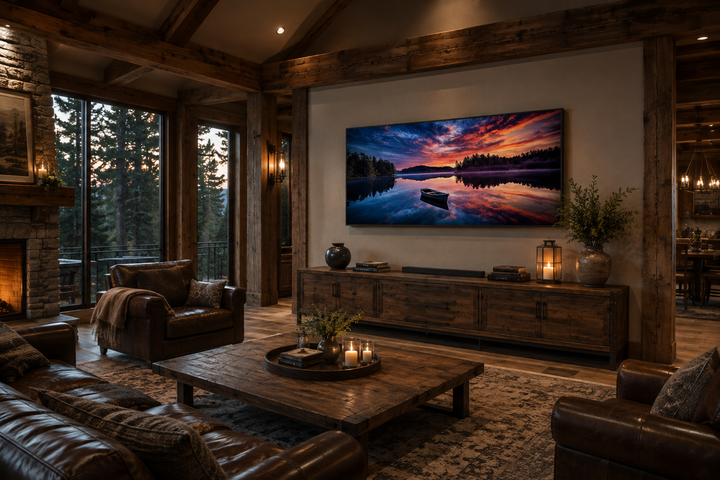 Framed canvas print of a boat on a serene lake at sunset, displayed in a rustic living room.