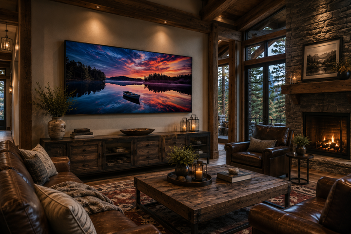 Framed canvas print of a serene lake sunset with a boat, displayed in a rustic living room.