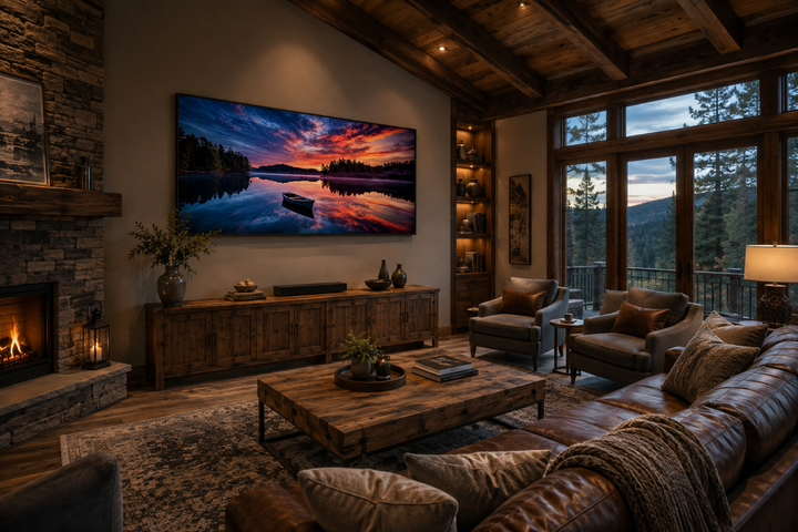 Framed canvas print of a serene lake sunset with a boat, displayed in a rustic living room.