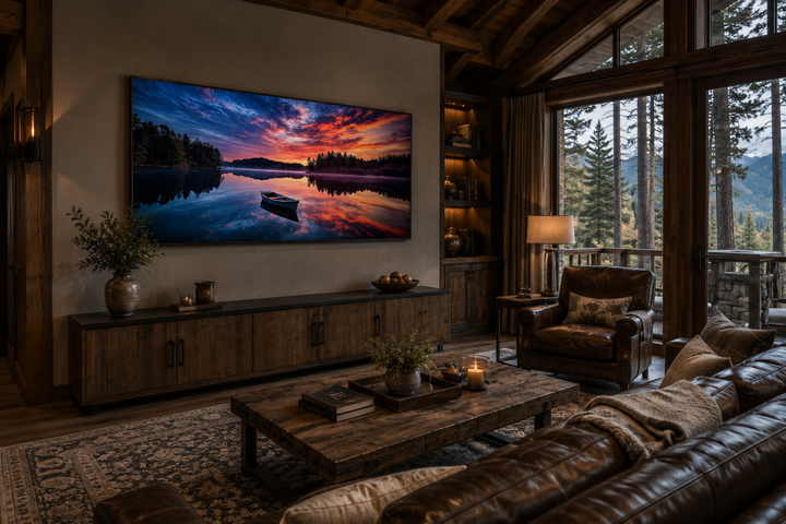 Framed canvas print of a serene lake sunset with a boat, displayed in a rustic living room.