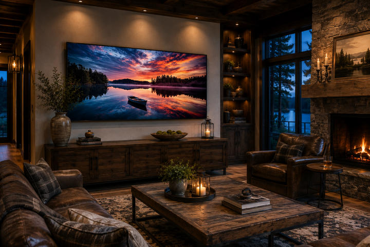 Framed canvas print of a serene lake sunset with a boat, displayed in a rustic living room.