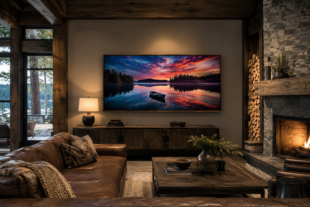Framed canvas print of a serene lake sunset with a boat, displayed in a rustic living room.