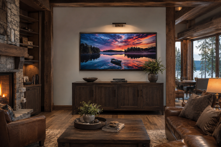 Framed canvas print of a serene lake sunset with a boat, displayed in a rustic living room.