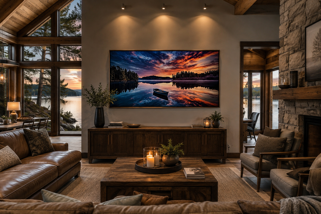 Framed canvas print of a serene lake sunset with a boat, hanging in a rustic living room.