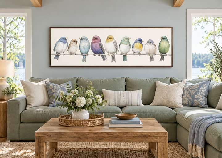 Colorful songbirds on a wire framed canvas art above a green sofa in a modern farmhouse living room.