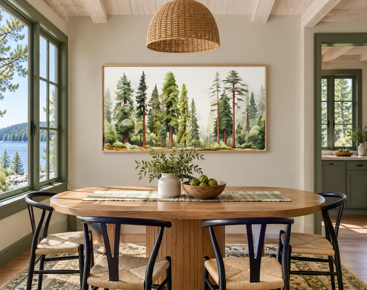 Woodlands Forest Watercolor Framed Canvas Wall Art hanging in a rustic dining room.