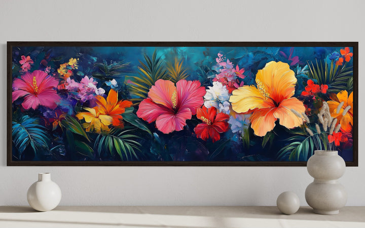 Large Colorful Flowers On Blue Background Horizontal Framed Canvas Wall Art