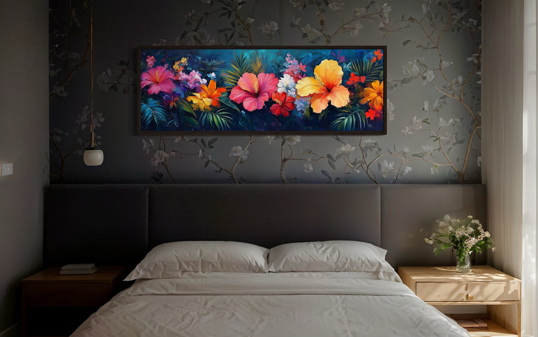 Large Colorful Flowers On Blue Background Horizontal Framed Canvas Wall Art