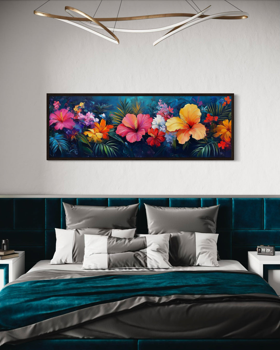 Large Colorful Flowers On Blue Background Horizontal Framed Canvas Wall Art