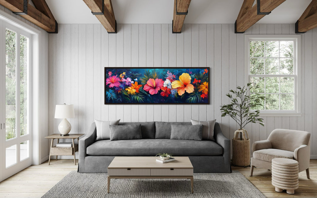 Large Colorful Flowers On Blue Background Horizontal Framed Canvas Wall Art