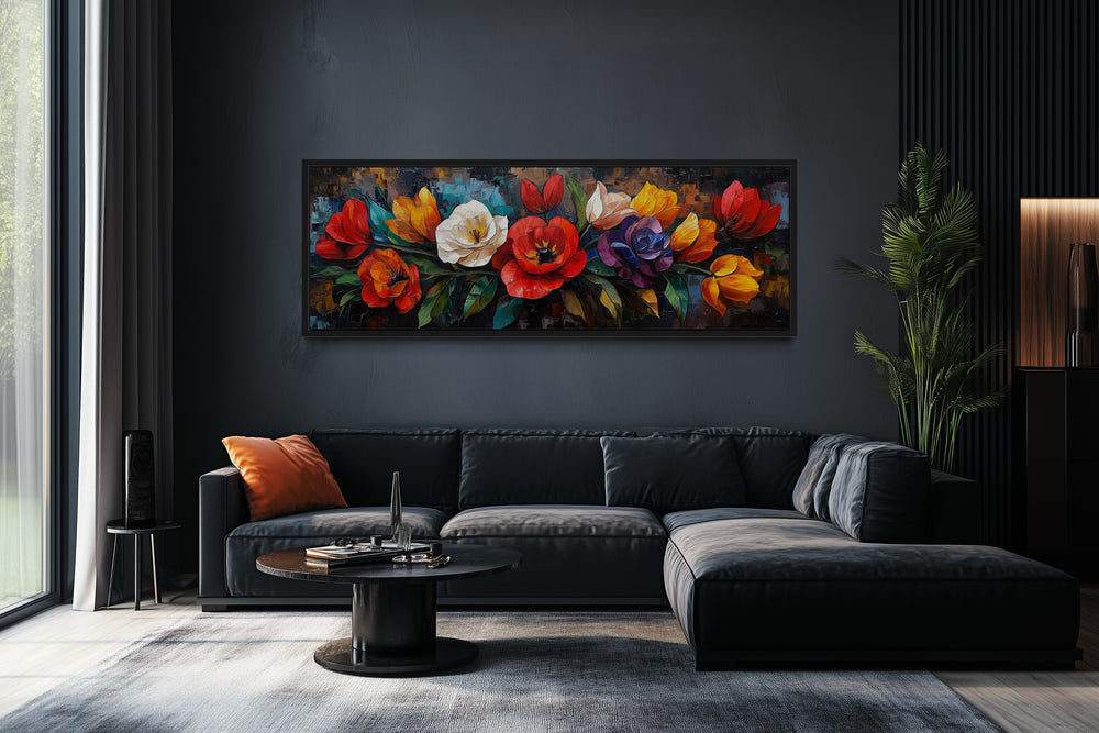 Large Floral Long Horizontal Framed Canvas Living Room Wall Art