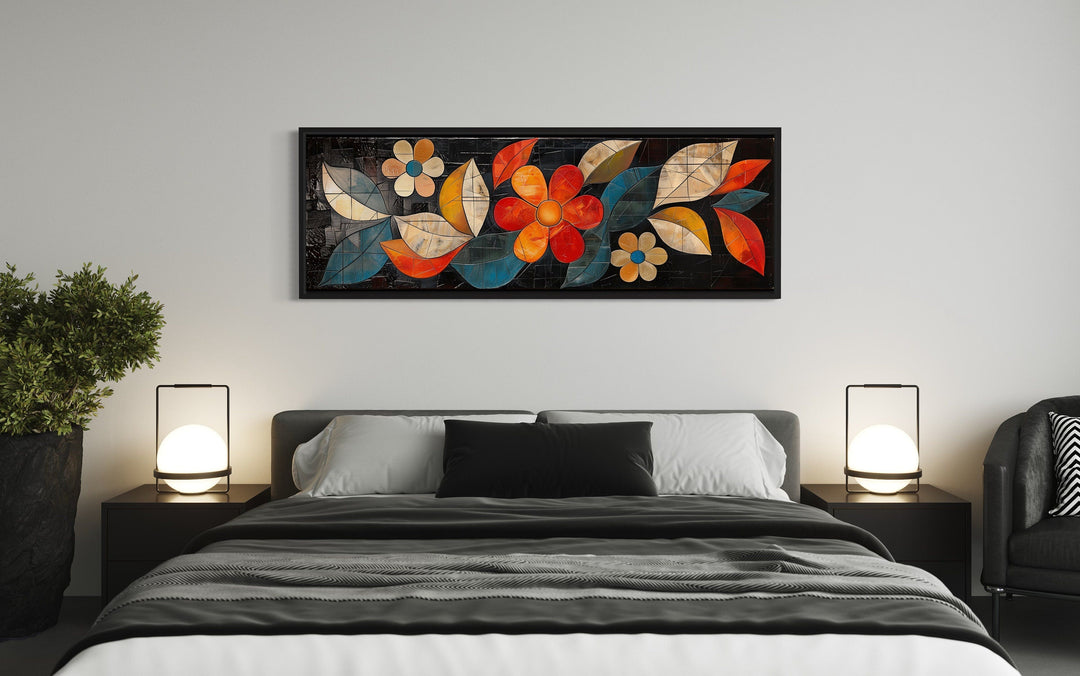 Large Floral Long Horizontal Framed Canvas Living Room Wall Art