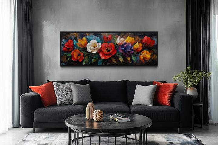 Large Floral Long Horizontal Framed Canvas Living Room Wall Art