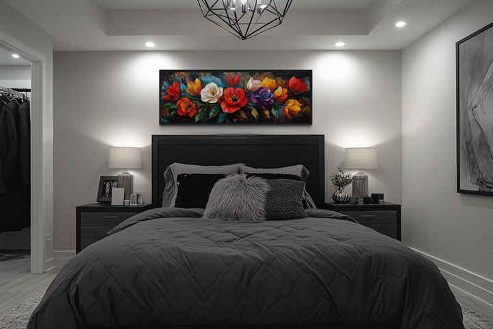 Large Floral Long Horizontal Framed Canvas Living Room Wall Art