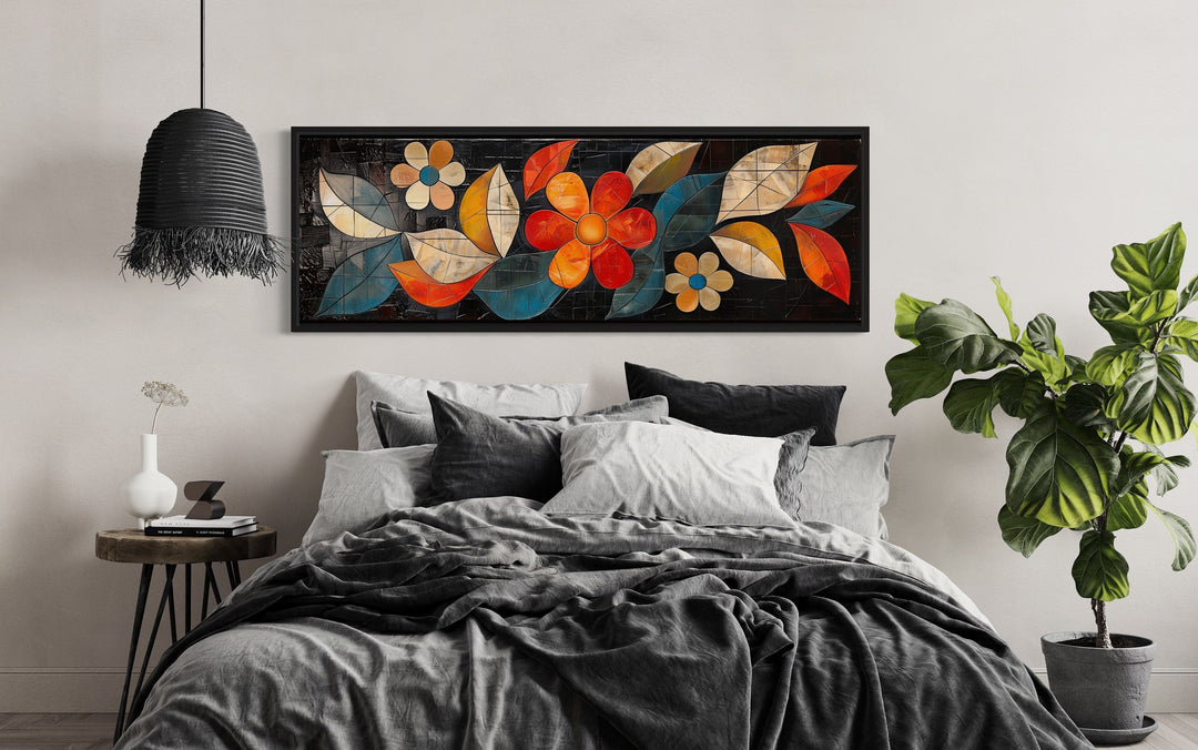 Large Floral Long Horizontal Framed Canvas Living Room Wall Art