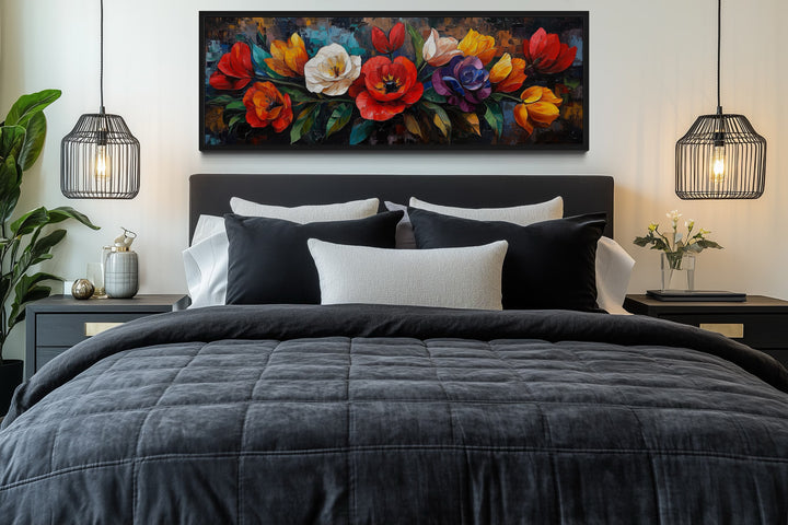 Large Floral Long Horizontal Framed Canvas Living Room Wall Art