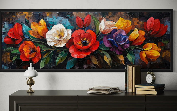 Large Floral Long Horizontal Framed Canvas Living Room Wall Art