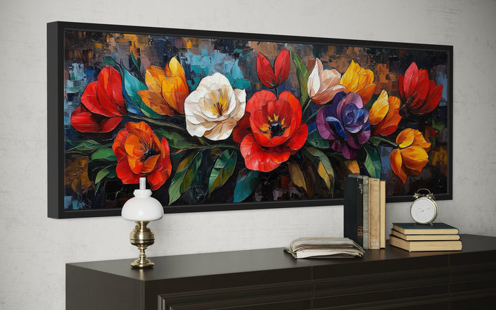 Large Floral Long Horizontal Framed Canvas Living Room Wall Art