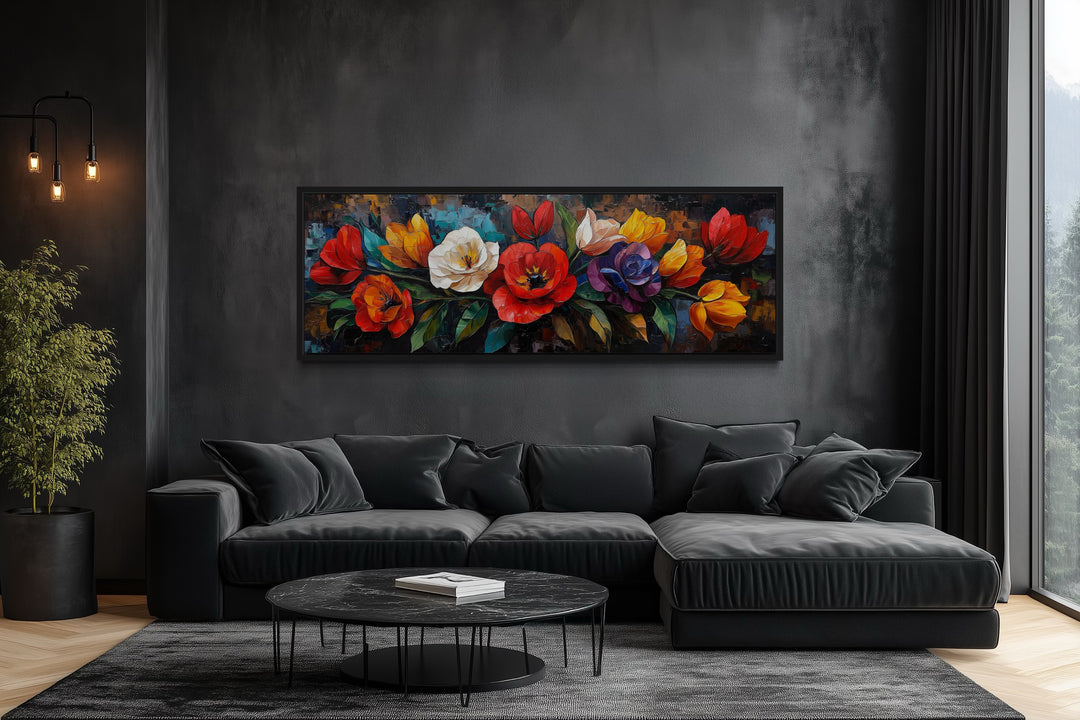 Large Floral Long Horizontal Framed Canvas Living Room Wall Art