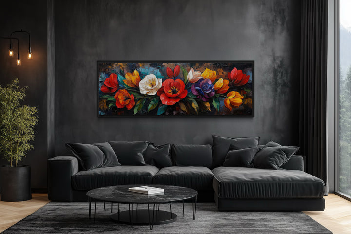 Large Floral Long Horizontal Framed Canvas Living Room Wall Art