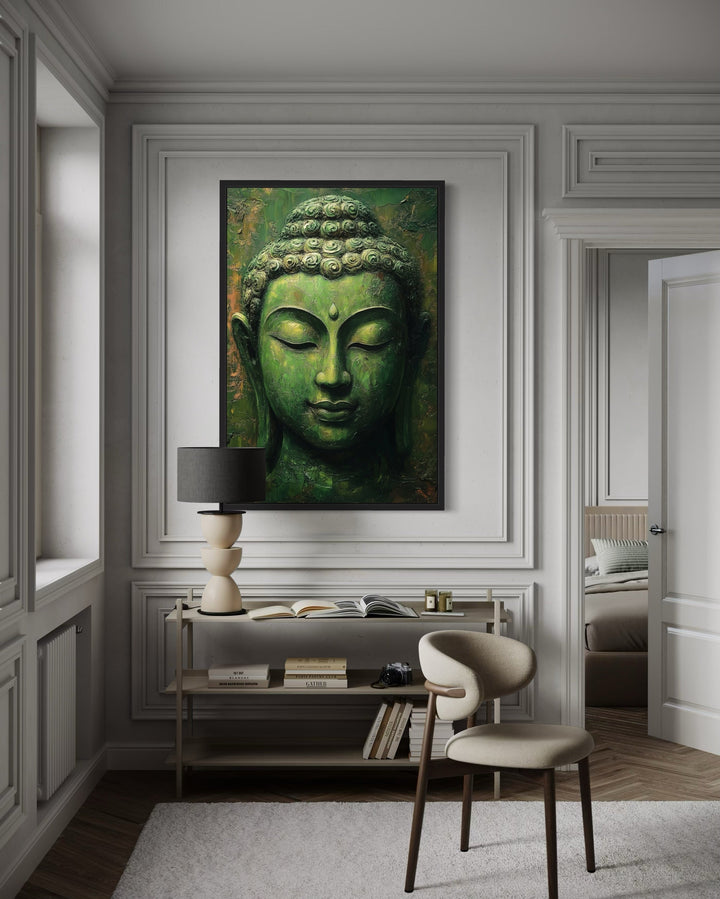 Large Green Buddha Statue Framed Canvas Wall Art