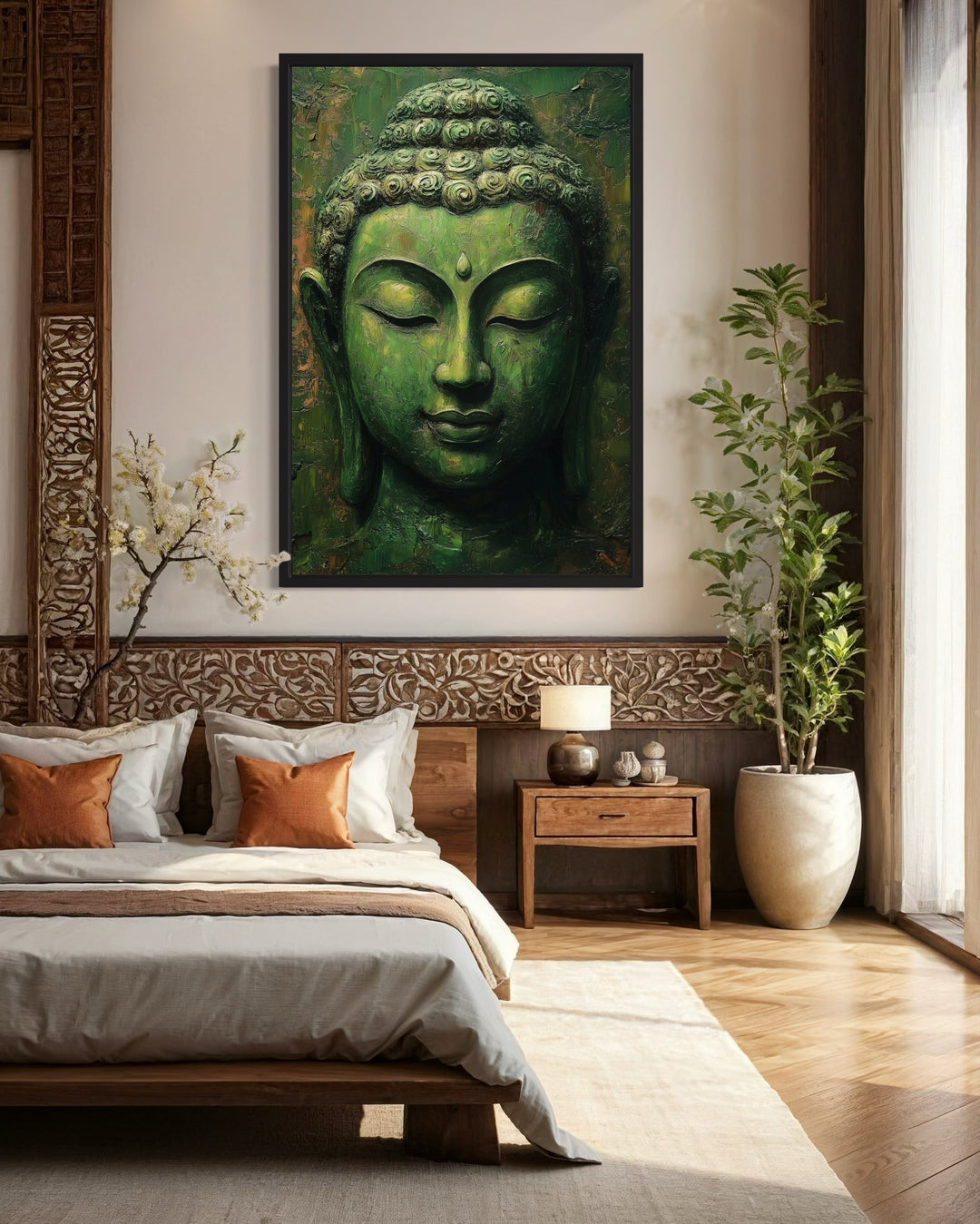 Large Green Buddha Statue Framed Canvas Wall Art