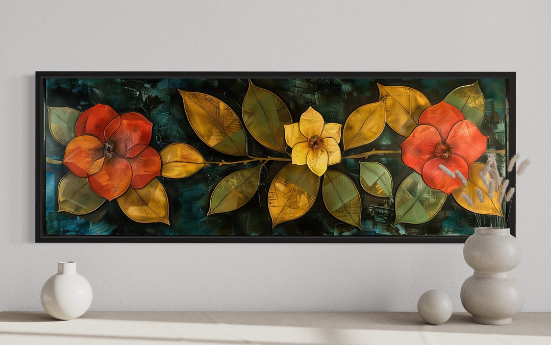 Large Green Red Floral Long Horizontal Living Room Framed Canvas Wall Art