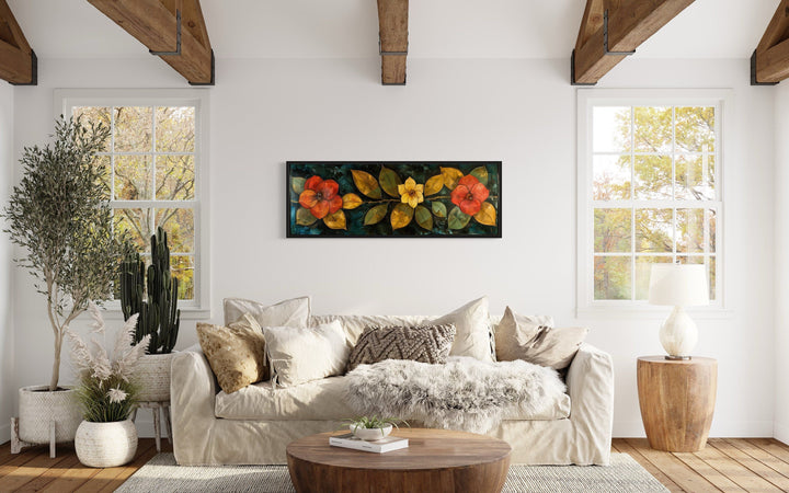 Large Green Red Floral Long Horizontal Living Room Framed Canvas Wall Art