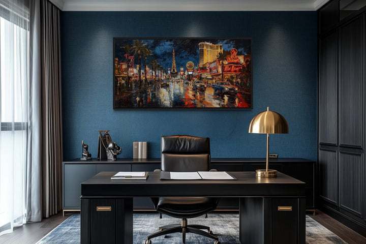 Las Vegas Strip At Night Framed Canvas Wall Art hanging in a modern office above a desk.