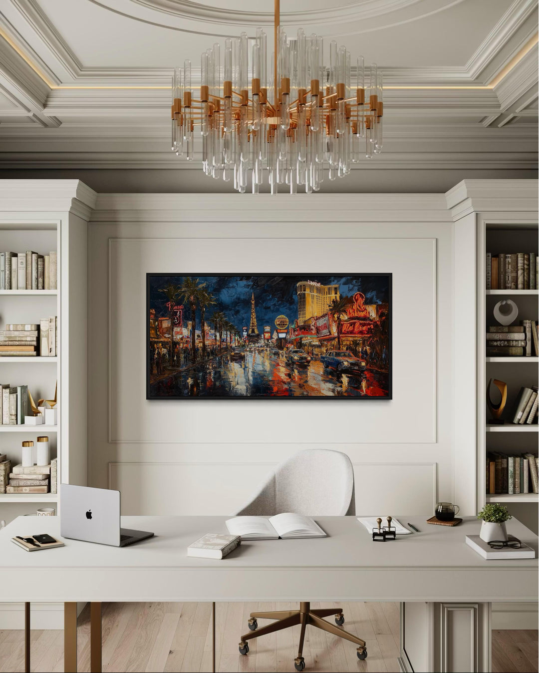 Las Vegas Strip At Night Framed Canvas Wall Art hanging in a modern home office above a desk.