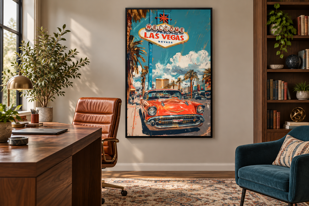 Las Vegas vintage travel poster framed canvas wall art featuring a classic car and iconic sign.